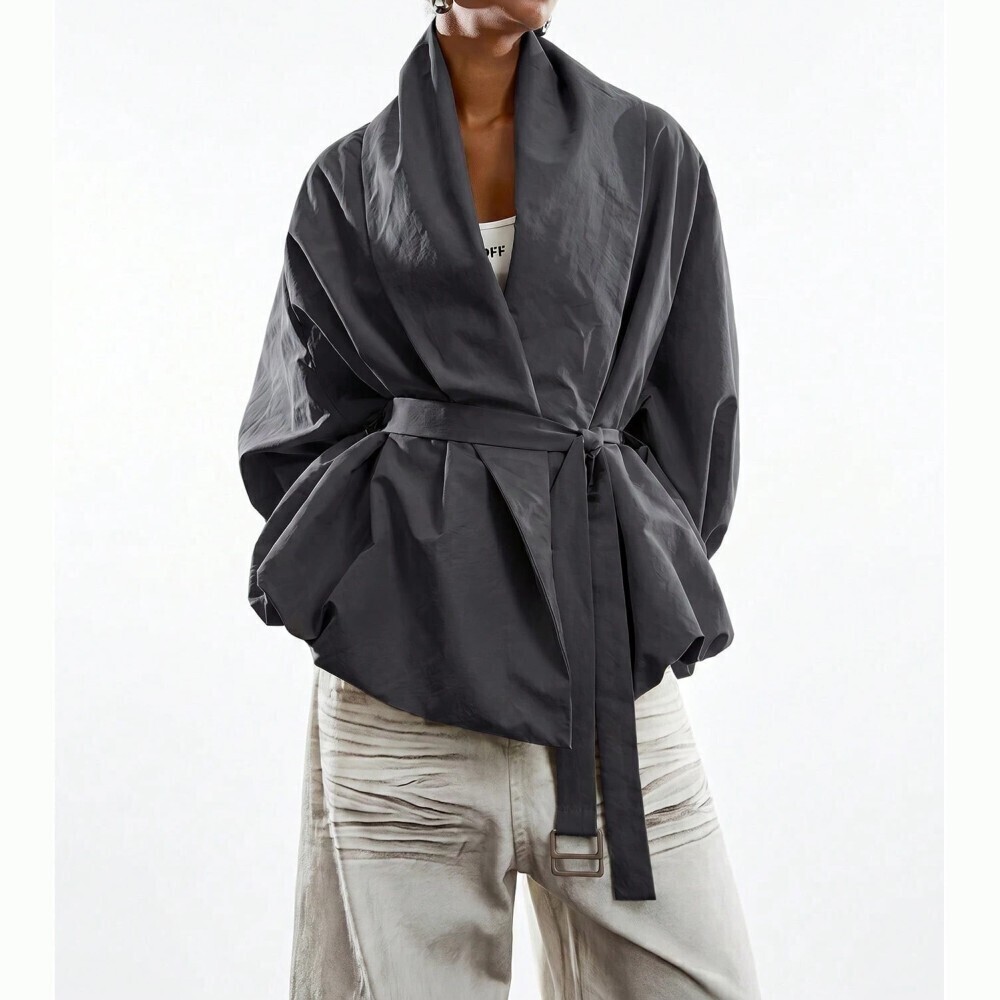Charcoal Gray Shawl Collar Belted Oversized Wrap Jacket